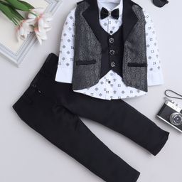 Fourfolds Cotton Blend Woven Full Sleeves Abstract Motifs Printed Shirt Trousers & Waistcoat With Attached Blazer & Bow - Black-picture-3