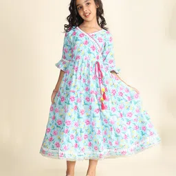 LIL PITAARA Pure Cotton Knit Three Fourth Sleeves Floral Printed & Gota Lace Embellished Ethnic Dress - Blue-picture-48
