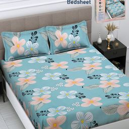 FABINALIV Blue & Orange Floral 300 TC King Bedsheet with 2 Pillow Covers-image-79