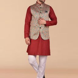 PRINTINDIA Mandarin Collar Pure Cotton Kurta With Trousers & Nehru jacket-image-93