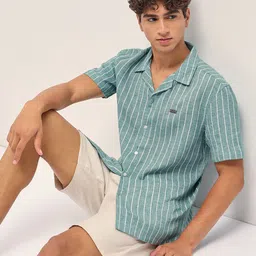 THE BEAR HOUSE Men Relaxed Fit Vertical Striped Cuban Collar Linen Casual Shirt-picture-37