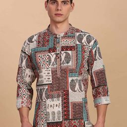 Anouk Ethnic Motifs Printed Band Collar Pure Cotton Short Straight Kurta-image-26