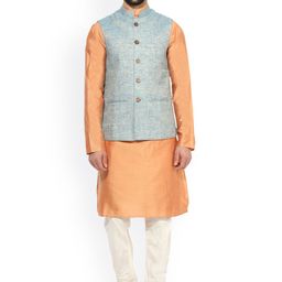 KISAH Men Peach-Coloured Self Design Kurta with Churidar & Nehru Jacket-21