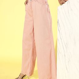 Roadster Women Pink Solid Wide Leg Stretchable Jeans With Scalloped Hem-image-51
