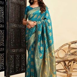 Satrani Teal Blue & Golden Woven Saree With Unstitched Blouse-image-85