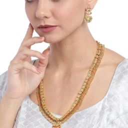 Zaveri Pearls Green & Pink Stones South Indian Style Temple Long Necklace & Earring Set-ZPFK9640-image-33