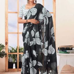 Satrani Black & White Floral Print Saree With Unstitched Blouse-image-46