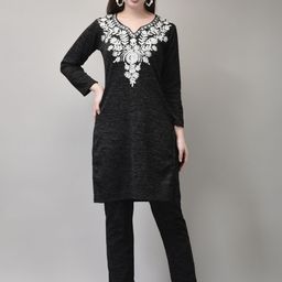 FNOCKS Embroidered Notch Neck Pure Wool Tunic With Trousers-image-91