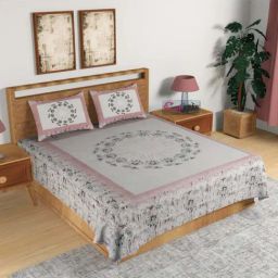 eCraftIndia Pink & Grey Cotton 180 TC Bed Sheet Set-image-81