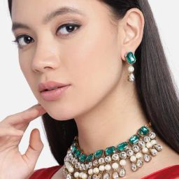 Zaveri Pearls Green Crystal Shine Stones & Pearls Choker Necklace & Earring Set-ZPFK9644-38