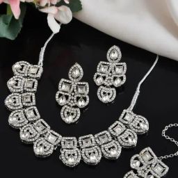 VOJ Silver Plated American Diamond Studded Jewellery Set-image-53