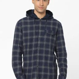 Celio* Navy Cotton Regular Fit Checks Hooded Shirts-image-47