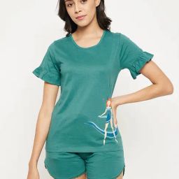 Clovia Teal Printed Top With Shorts-image-20