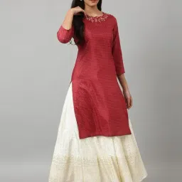 W Women Red Festive Geometric Print Shantung Straight Kurta-picture-13