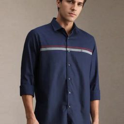 Louis Philippe Navy Cotton Slim Fit Striped Shirt-picture-10