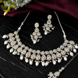 VOJ Silver Plated CZ Stone & Pearl Jewellery Set-image-37