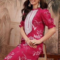 Sangria Women Floral Printed Regular Thread Work Kurta with Trousers-picture-38