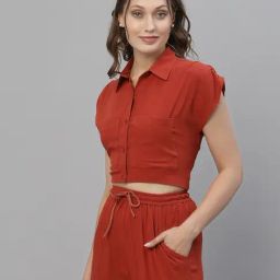 KASSUALLY Rust Relaxed Fit Crop Shirt-11