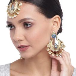 Zaveri Pearls Enamelling Blue Kundan & Pearls Wedding Collection Earring & Maangtikka Set-ZPFK9747-image-51