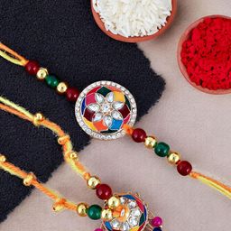 LUCKY JEWELLERY Pack Of 2 Gold-Plated & Beaded Rakhi With Roli, Chawal & Greeting Cards.-image-26