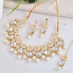 VOJ White Gold Plated Artificial Beads & Stone Studded Jewellery Set-image-58