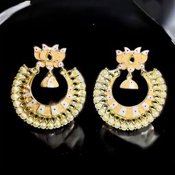 M55 Gold-Plated Artificial Stones Studded & Beaded Crescent Shaped Drop Earrings-10