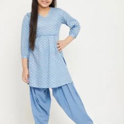 StyloBug Girls Blue Cotton Embroidery Kurti Set-picture-2