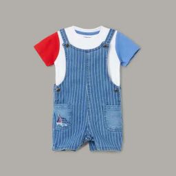Juniors by Lifestyle Blue & White Cotton Striped Dungaree Set-image-0