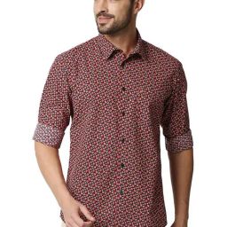Basics Mars Red Cotton Slim Fit Printed Shirt-5
