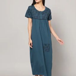 Kryptic Teal Cotton Floral Print Nighty-image-89