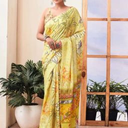 Satrani Yellow Linen Floral Print Saree With Unstitched Blouse-image-31