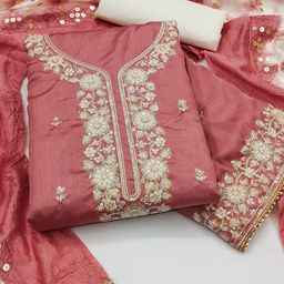 BlissFlair Floral Embroidered Sequinned Chanderi Silk Unstitched Dress Material-image-91