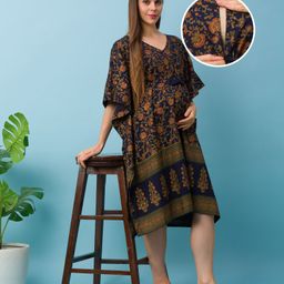 Bella Mama Cotton Floral Print Kaftan - Navy Blue-image-80