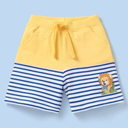 Babyhug Cotton Knit Mid Thigh Length Shorts Striped & Lion  Print - Yellow & Blue-image-4