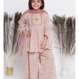Little Bansi Three Fourth Sleeves Seamless Floral Schiffli Design  Detailed & Gota Flower Embellished Kurta With Coordinating Palazzo & Dupatta - Brown-picture-26