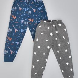 Kiwi Pack Of 2 100% Cotton All Over Star & Guitars Printed Lounge Pants With Ribbed Bottom - Blue & Grey-image-92