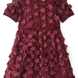 Primo Gino Woven Lace Fabric Half Sleeves Party Wear Dress With Floral Applique - Maroon-picture-43