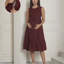 Moms Maternity Sleeveless Polka Dots Printed Flared Dress With Concealed Zipper Nursing Access - Maroon-image-11