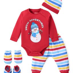 Babyhug 100% Cotton Knit Full Sleeves Onesie with Leggings Cap Mitten & Booties Snowman Printed - Multicolour-image-92
