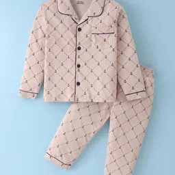 Smarty Boys 100% Cotton Knit Full Sleeves Night Suit With Anchors Print - Desert Sand-picture-48