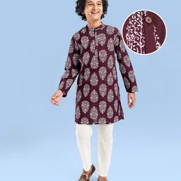 Pine Kids Cotton Woven Full Sleeves Floral Print Kurta Pyjama Set - Maroon-picture-24