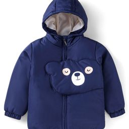 Babyhug Woven Full Sleeves Padded Hooded Jacket With Bear Applique - Navy Blue-image-33