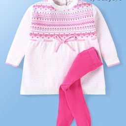 Babyoye Knit Solid Dyed Full Sleeves Sweater Set with Aztec Design - Dark Pink & White-image-5