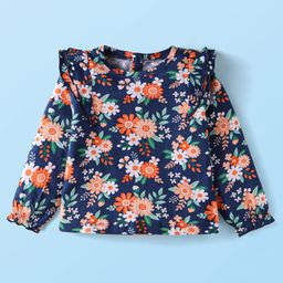 Babyhug Cotton Knit Full Peasant Sleeves Top with Floral Print & Frill Detailing - Navy Blue-image-70