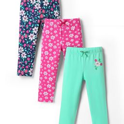 Babyhug Cotton Knit Full Length Leggings with Floral Print Pack of 3 - Pink Sea Green & Navy Blue-image-86