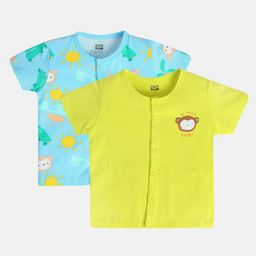 MINI KLUB Cotton Pack Of 2 Half Sleeves Baby Animals Printed Jhablas - Blue & Green-image-36