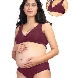 Zelena Modal Padded Maternity Feeding Bra & Panty Set - Maroon-image-70