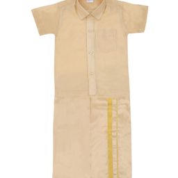 Smiley Buttons Half Sleeves Solid Mundu Lungi Set - Golden-image-68