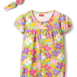 Babyhug 100% Cotton Knit Half Puffed Sleeves Front Open Romper with Headband & Floral Print - Yellow-picture-3