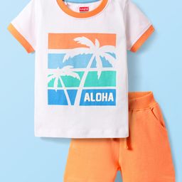 Babyhug Single Jersey Knit Half Sleeves T-Shirt & Shorts Set With Beach Theme Print - White & Orange-image-24